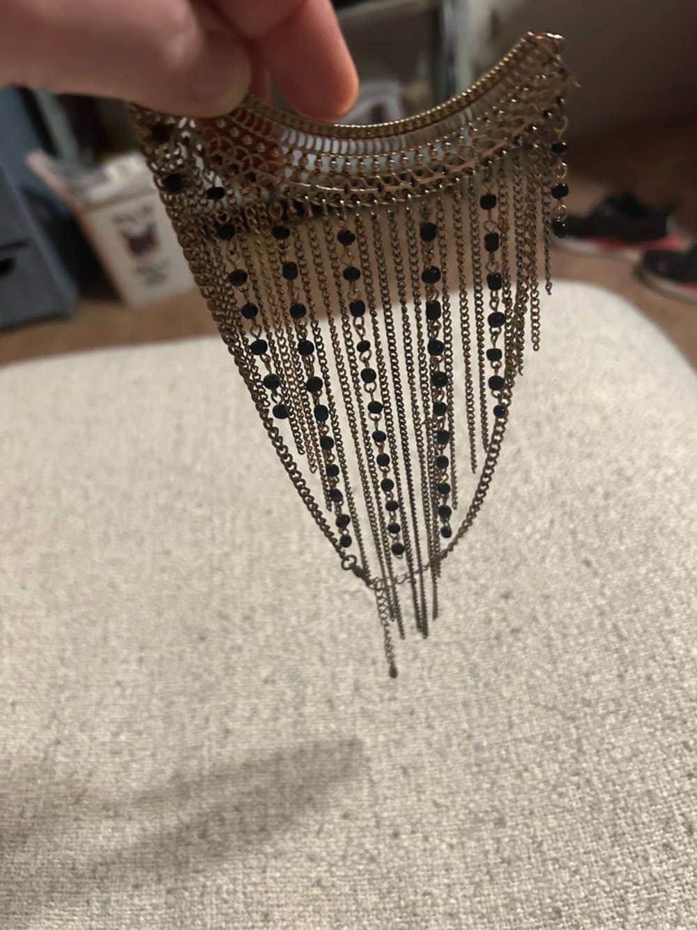 Gold Fringe Statement Necklace with Black Beads